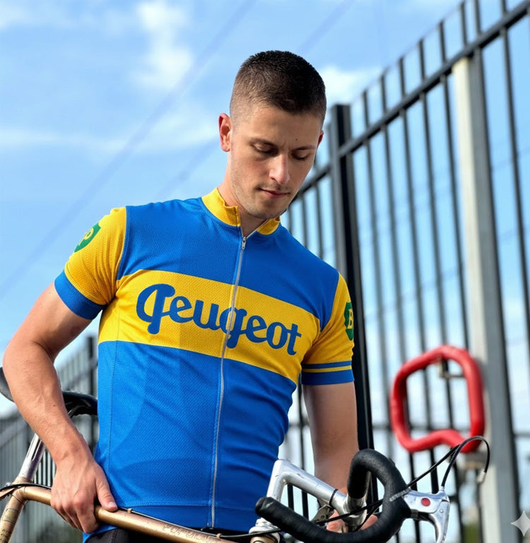 Maillot de cyclisme rétro Peugeot-Dunlop - Bleu/Jaune